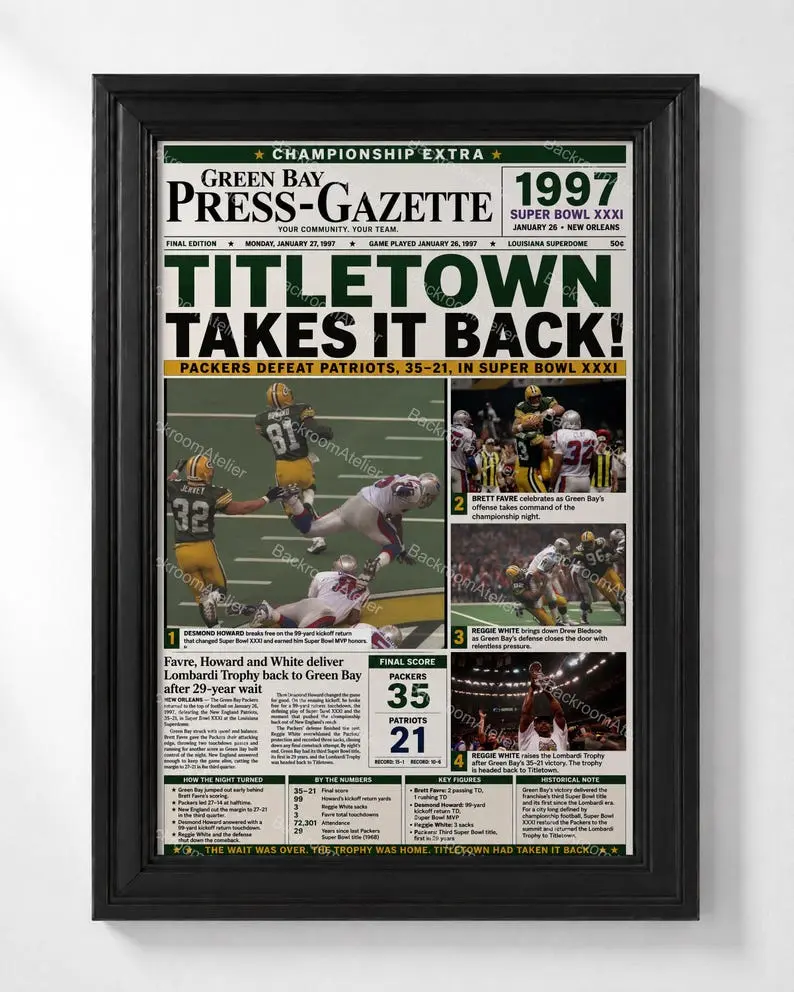 1997 Green Bay Packers Bowl XXXI Newspaper Poster Print, Reggie White Brett Favre Titletown Football Wall Art