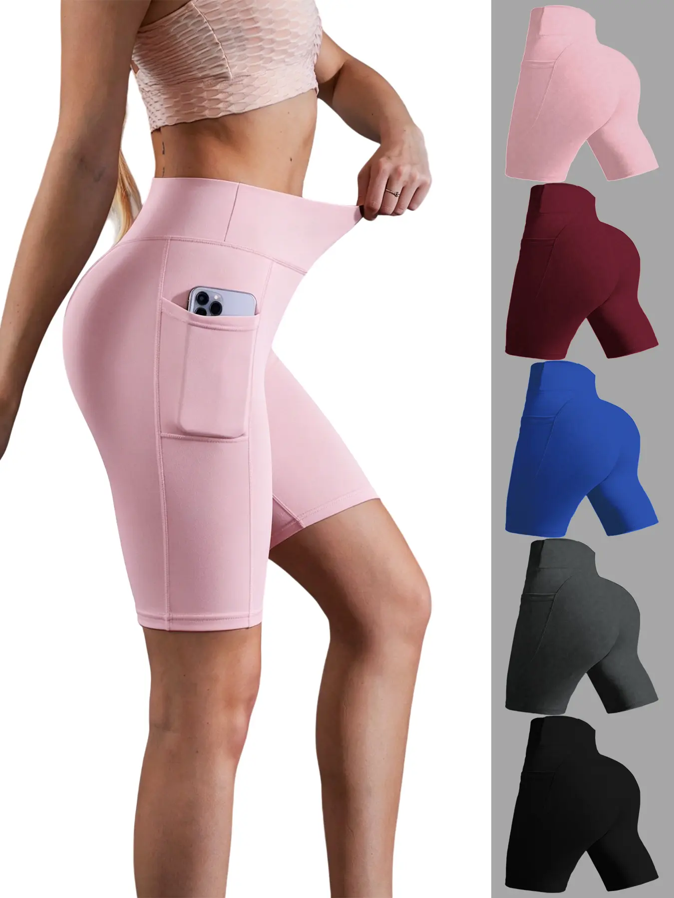 5pcs High-Waisted Sports Shorts With Shaping Belt And Pockets, Solid Color, Medium Stretch, Slim Fit, Summer Knit Fabric, Soft Short , Adult