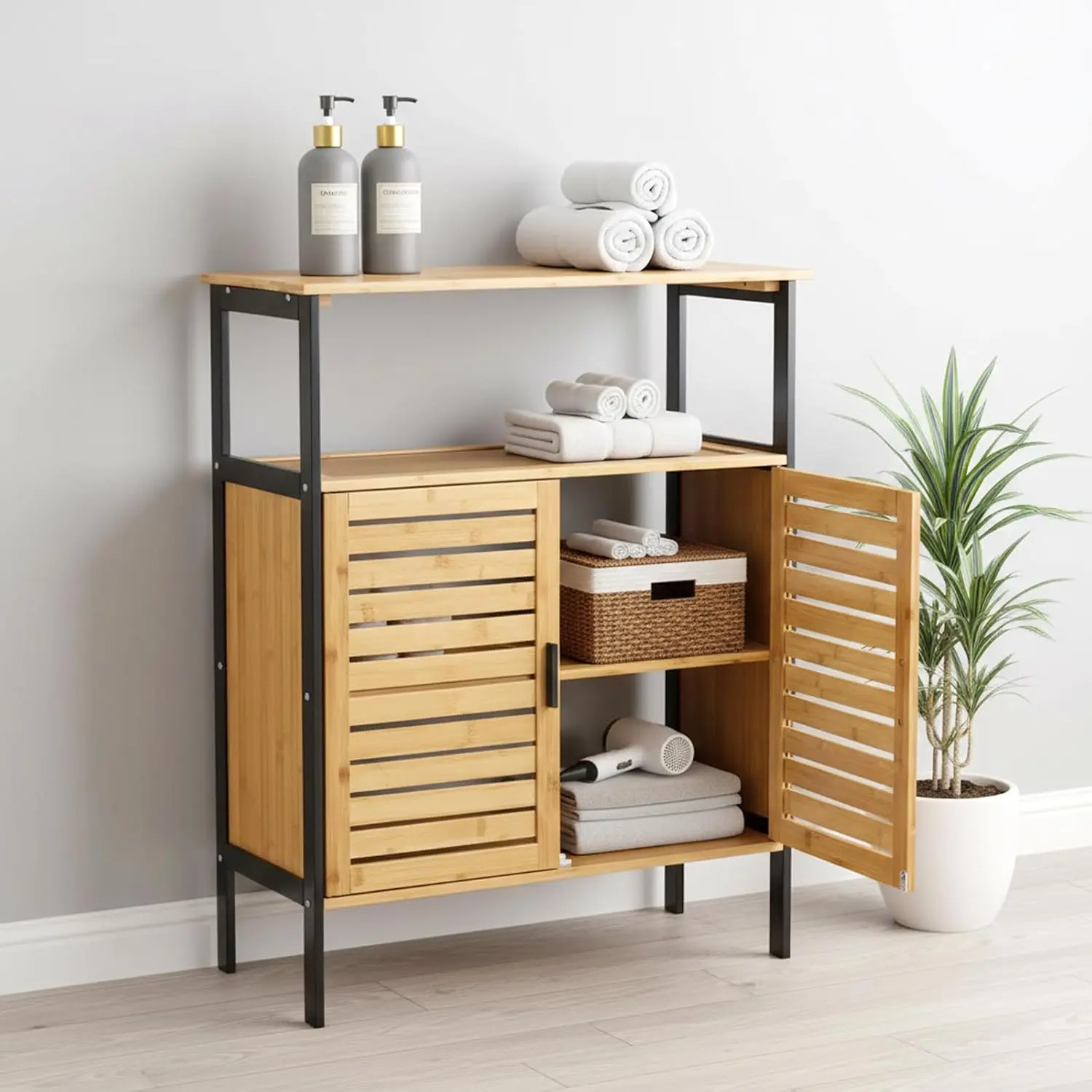 25" Bamboo Freestanding Storage Cabinet｜Slatted Double Doors & Open Shelf, Multi-use Organizer for Bathroom Kitchen Living Room