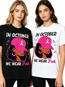 "Wear Pink in October" Black Women's Breast Cancer Awareness & Prevention Campaign Summer Casual Short-Sleeve Pure Cotton T-Shirt for Supportive Gatherings - Top, Womenswear