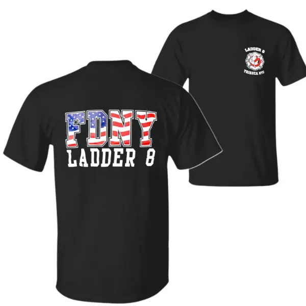 Men's FDNY Ladder 8 Tribeca NYC T-Shirt - Black American Flag Graphic Print Tee, 100 Percent Cotton, Classic Fit, Seamless Body, New York Fire Department Inspired Apparel