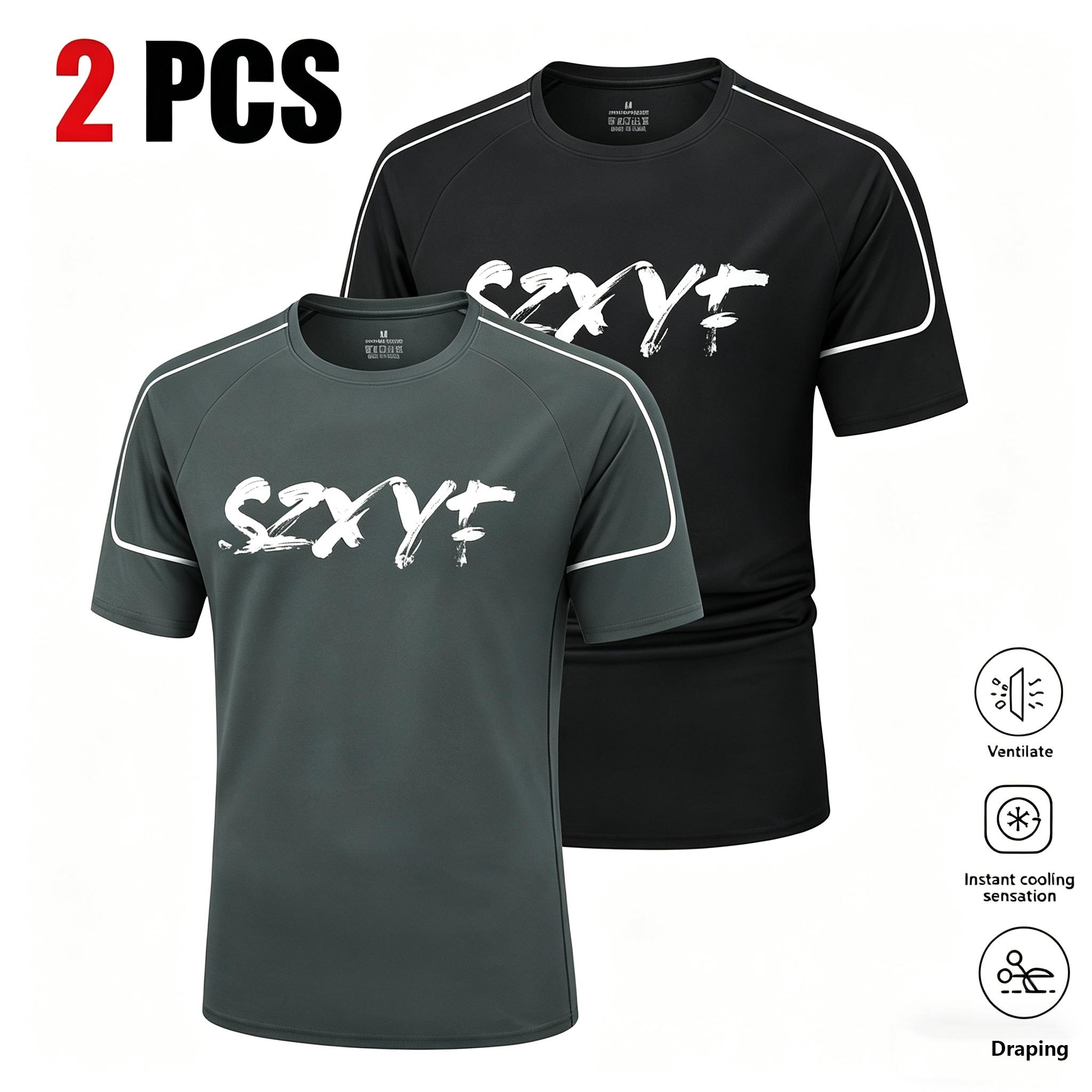 Multi-pack men’s solid-color crew-neck compression athletic T-shirts; quick-drying, breathable short-sleeve T-shirts suitable for running and fitness training; casual sports tops ideal for all seasons; sportswear featuring letter print design; loose, brea