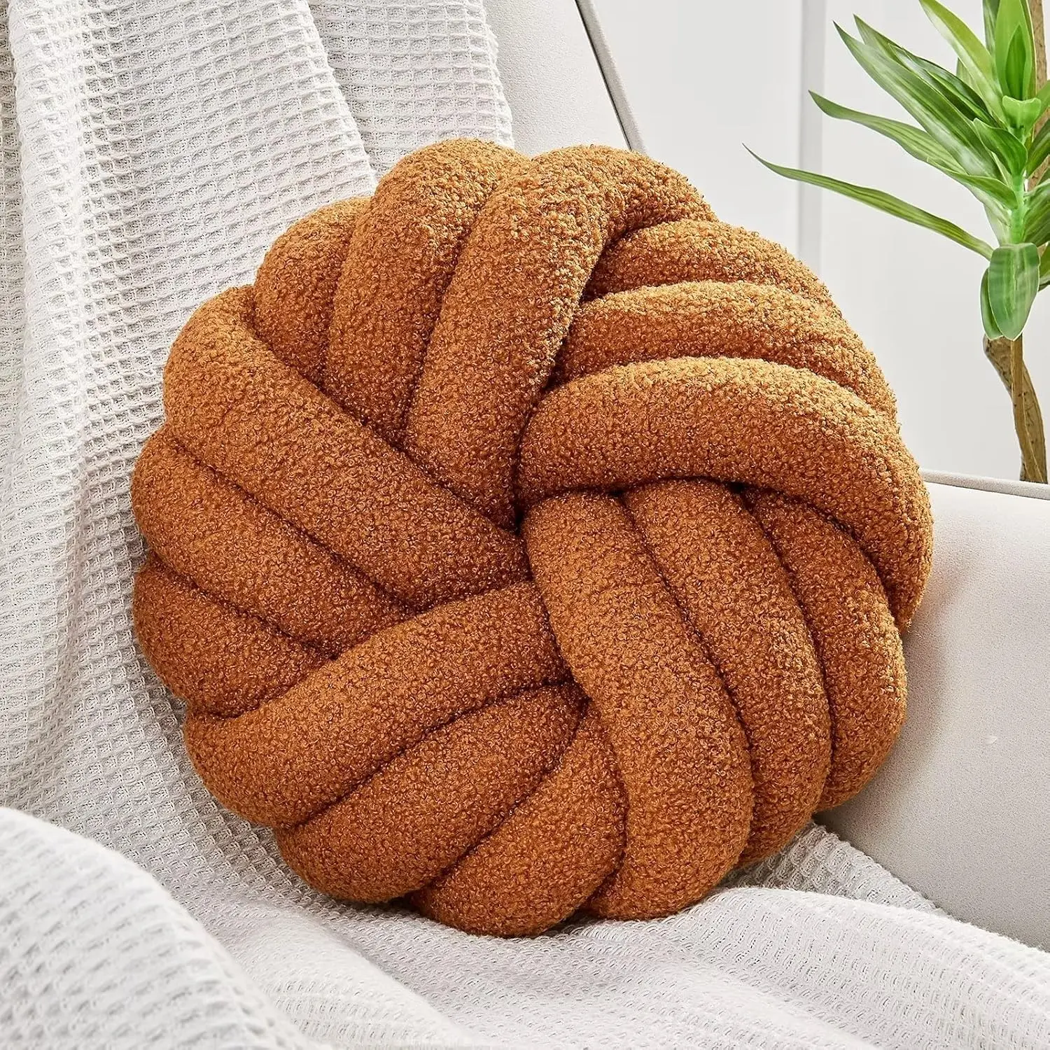 Knot Pillows, 14 Inch Decorative Throw Pillows Round Pillows Cushion, Soft Handmade Knotted Ball Pillow Plush Cushion Home Decor for Bed Couch Living Room (Caramel, 14 Inch)
