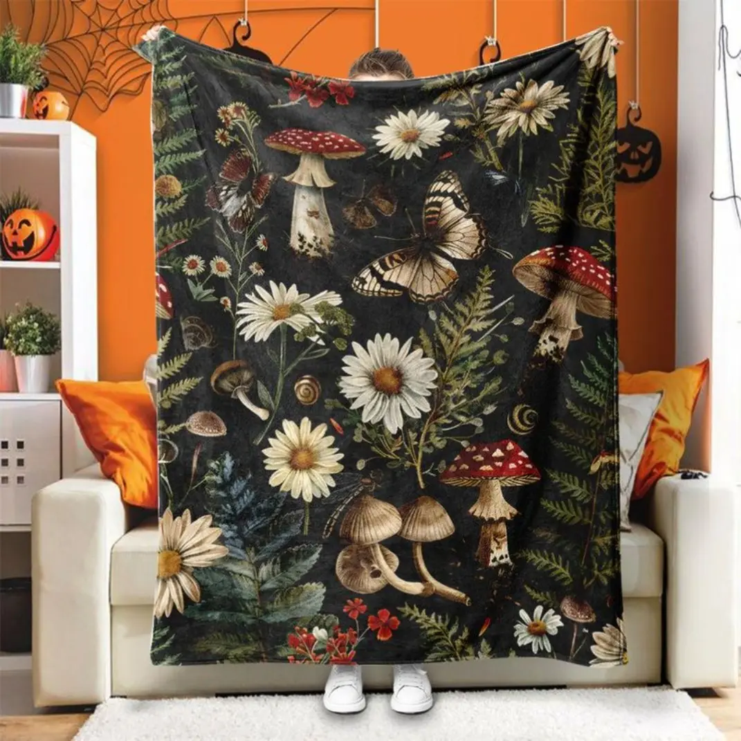 Vintage Mushroom & Flower Pattern Blanket, 1 Count Soft Warm Throw Blanket, Air-conditioned Room Blanket, Warm Nap Blanket for Home Office Outdoor ,Thin Blanket Dream Workshop