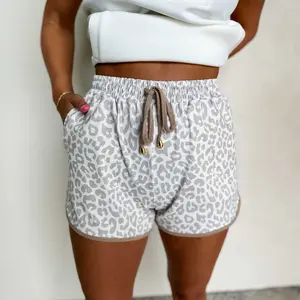 White Leopard Elastic Waistband Lace up Contrast Trim Casual Shorts