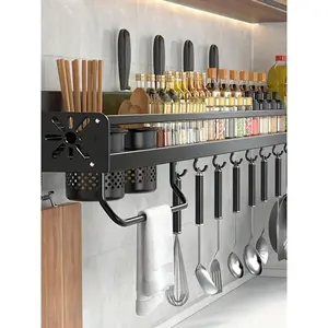 1pc Hanging Spice Rack For Wall, Cooking Utensils Hanger, Coffee Bar Shelf, Bathroom Wall Shelf With Hooks, Large Wall Mounted Spice Rack, Cabinet Wall Spice Rack Organizer, Wall Pot Holder
