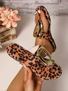 Summer Women's Leopard Print Open-Toe Sandals with Metal Buckle, Gladiator Style Casual Beach Sandals for Hot Weather