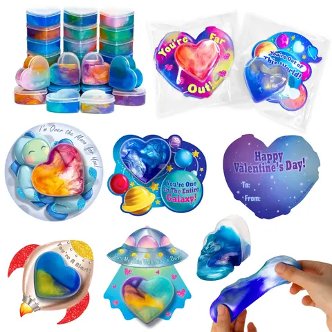 JOYIN 30 PCS Valentine Day Gift Cards with Galaxy Slime Stress Relief Fidget Toys for Kids Classroom Exchange Prizes, Valentines Party Favor