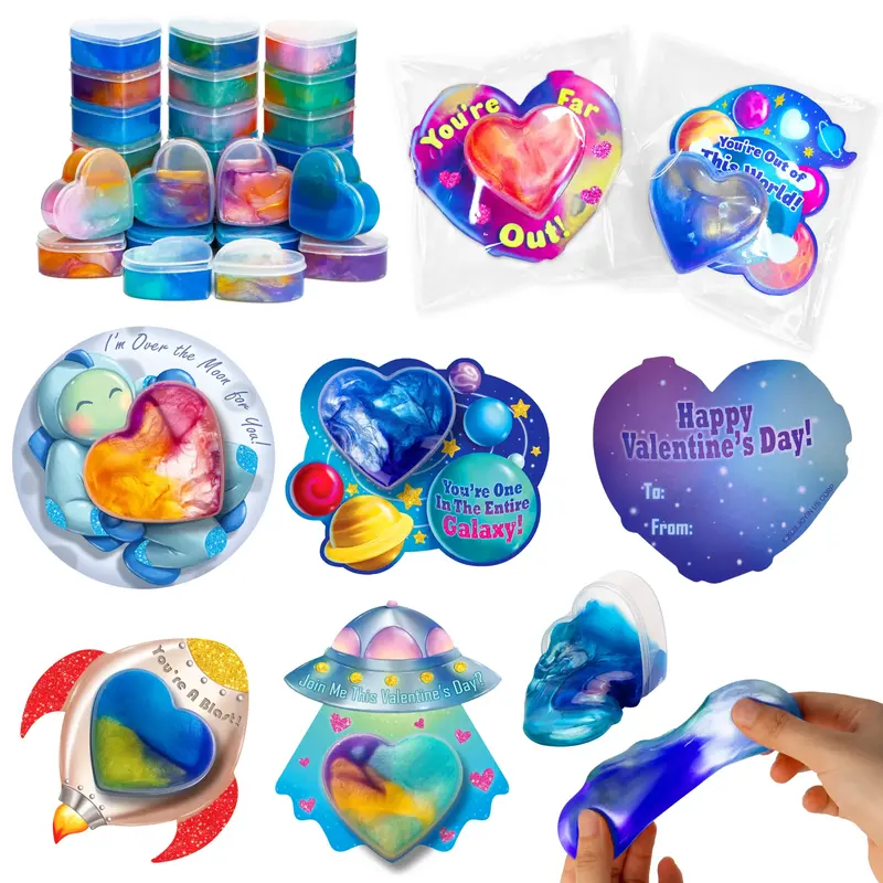 JOYIN 30 PCS Valentine Day Gift Cards with Galaxy Slime Stress Relief Fidget Toys for Kids Classroom Exchange Prizes, Valentines Party Favor