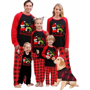 FOCUSNORM Christmas Crew Family Matching Christmas Pajamas 2Piece Set For Couples Baby Kid Christmas Pjs Sleepwear Letter Elf Green Monster Print Long Sleeve Tops And Plaid Pants Sleepwear