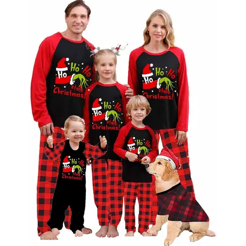 FOCUSNORM Christmas Crew Family Matching Christmas Pajamas 2Piece Set For Couples Baby Kid Christmas Pjs Sleepwear Letter Elf Green Monster Print Long Sleeve Tops And Plaid Pants Sleepwear