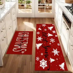 2Pcs Merry Christmas, Red Christmas Tree Floor mat set for farmhouse kitchen Rug Home Decorative Rug restaurant floor laundry room decor carpet mat