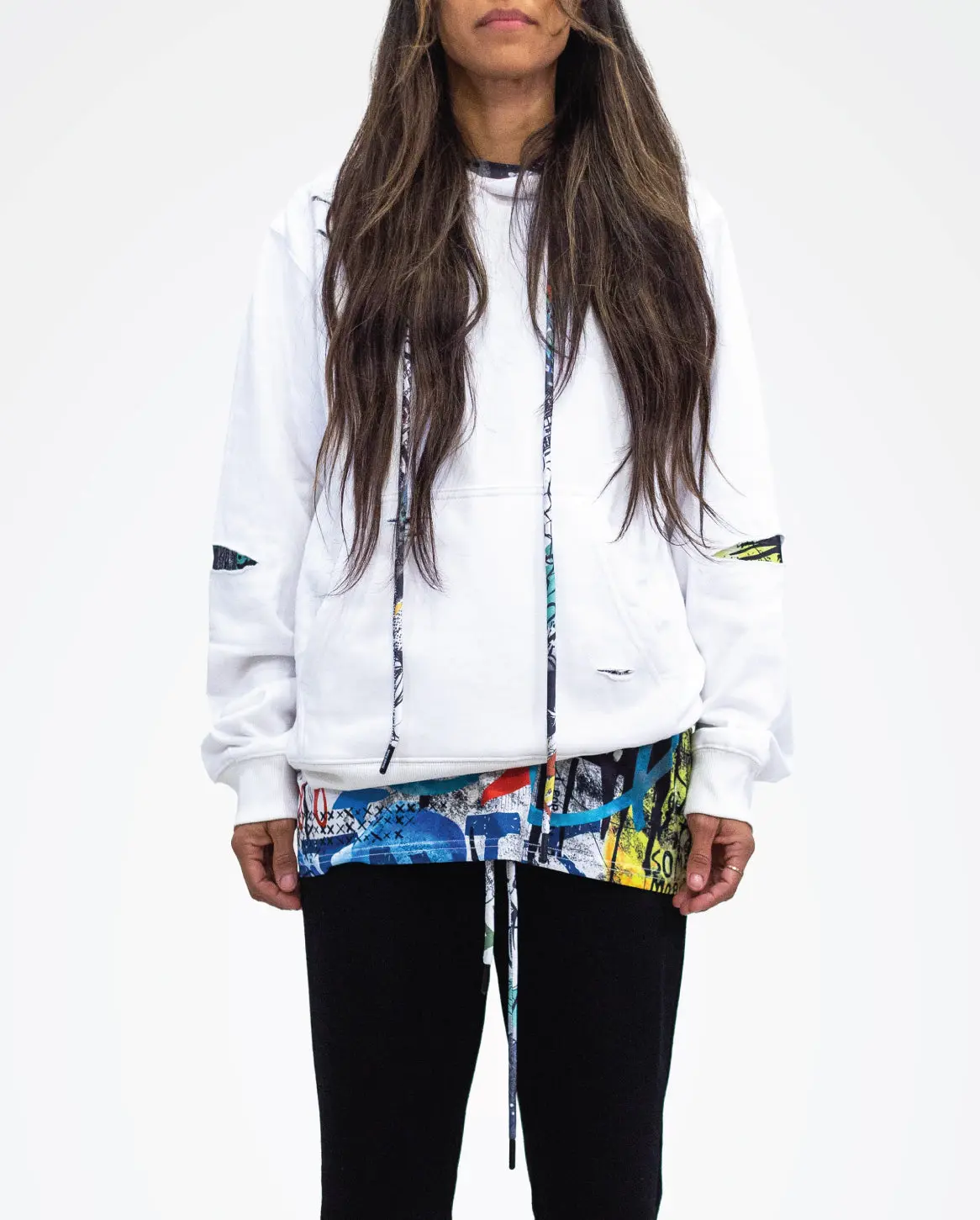 The Barcelona - Women's White Ripped Graffiti Hoodie