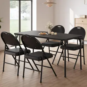 Garvee Set of 4 foldable chairs with padded PU leather seats and backs, stackable metal frame, supports up to 160 kg, suitable for events, living room, office, dining room, balcony, black color