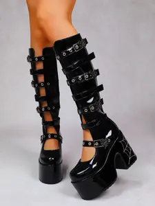Women's Gothic Spiderweb Chunky Heel High Boots, Dark Style Thigh-High Booties, Height Increasing Slimming Fashion Shoes
