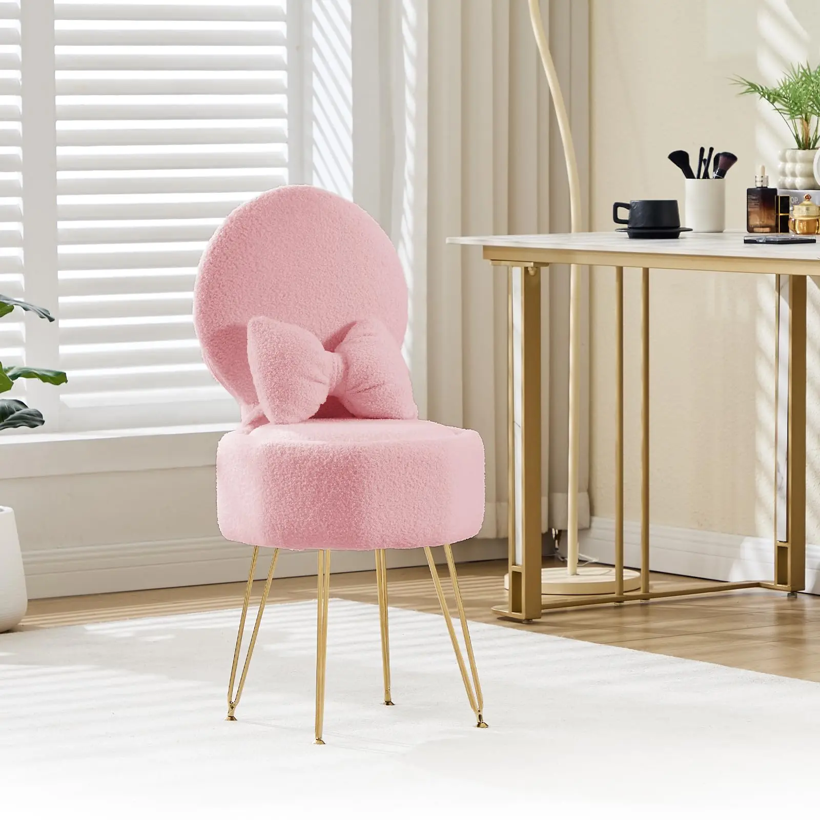 Single Person Sherpa Fabric Vanity Chair - Hidden Storage, Foldable Backrest, Soft Fluffy Makeup Ottoman for Bedroom Closet Organization, Supports 286lbs, Chairs For Vanity