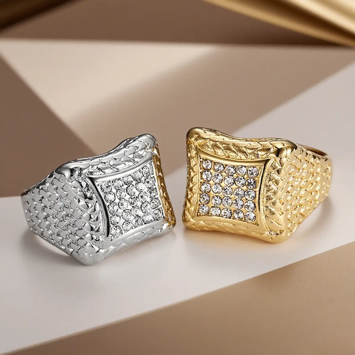 Men's Marquise Cut Ring - Stainless Steel Geometric Square Band with Synthetic Zircon, Gold-Silver Classic Costume Engagement Jewelry, Size 7-13 Men's Accessory, Gift-Worthy, Sizes 7-13