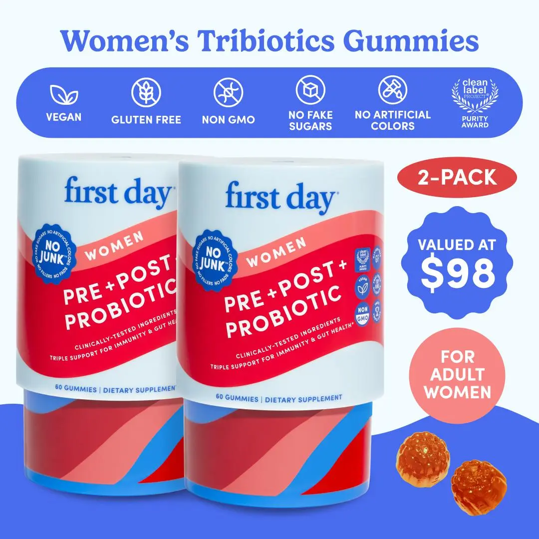First Day Women’s 3-in-1 Probiotic Gummies – Pre, Pro & Postbiotics for Healthy Gut, Vaginal, Bathroom & Immune Support – World’s First Women's Tribiotic – Kiwi – 2-Pack, 60-Day Supply