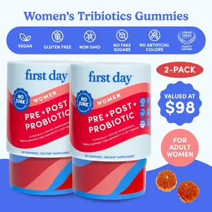 First Day Women’s 3-in-1 Probiotic Gummies – Pre, Pro & Postbiotics for Healthy Gut, Vaginal, Bathroom & Immune Support – World’s First Women's Tribiotic – Kiwi – 2-Pack, 60-Day Supply
