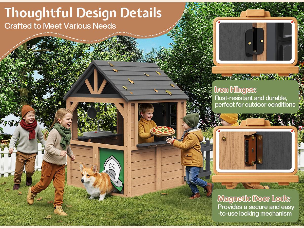 ALBOTT Kids Outdoor Wooden Playhouse with Kitchen Set, Durable Fir Wood Construction with Waterproof Roof & Rust-Resistant Hinges, Pretend Playhouse for 3–8 Years Old Boys & Girls