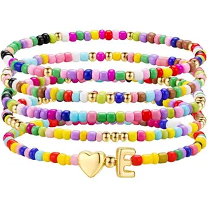 others Day Gifts - 5 count Colorful Beaded Initial Bracelets for Girls Woen, Cute Stretch Heart Letter Bracelet Initial Stackable Bracelet  for  Birthday Graduation Gifts for Girl