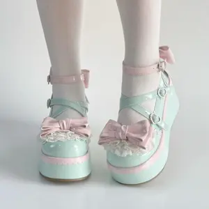 Women's Stylish Lolita-Style Leather Mary Jane Shoes, Platform Heel Footwear with Bow Detail, EVA Upper, Spring-Ready