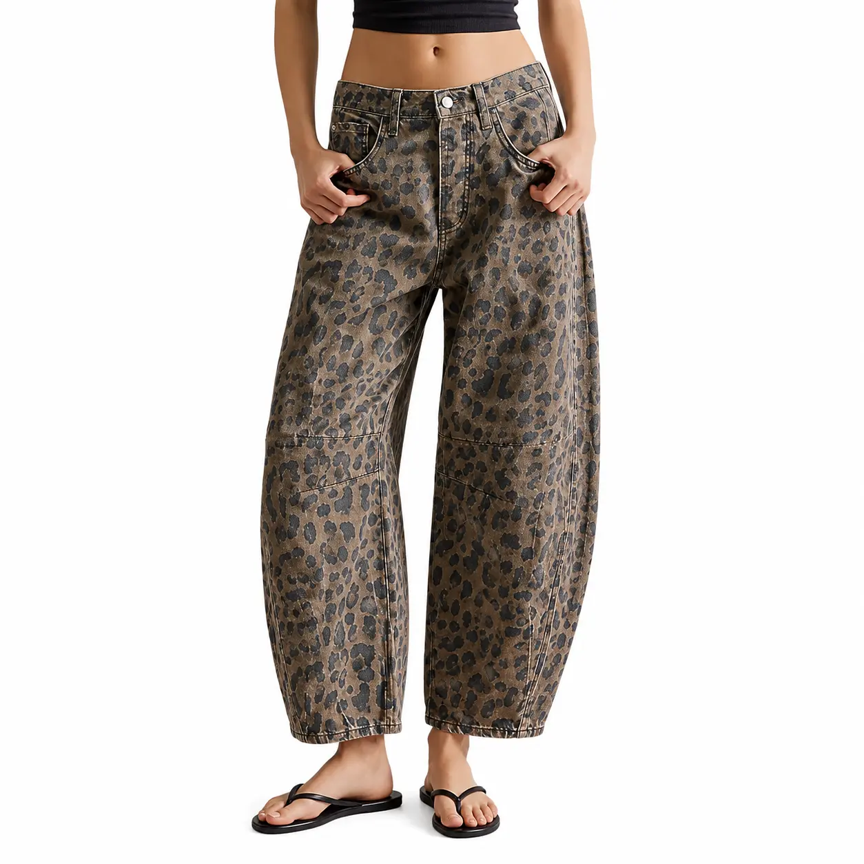 Women’s Leopard Print Barrel-Fit Jeans, Low-Rise Cropped Denim Pants with Pockets for Casual Streetwear & Y2K Outfits