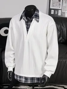 Men's Plaid Collar Sporty Sweatshirt, Imitated Two-Piece Polo Long Sleeve Top, College Style Street Casual Pullover