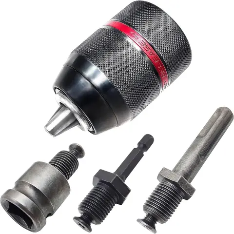 4Pcs Heavy-Duty Metal Keyless Drill Chucks (1.5-13mm, 1/2-20UNF) with SDS-Plus Shank, 1x1/4" Hex Shank, 1x1/2 Inch Socket Square Female Adapter for Power Tools, Self-Tighten Clamp, Tool-Free Bit Swaps