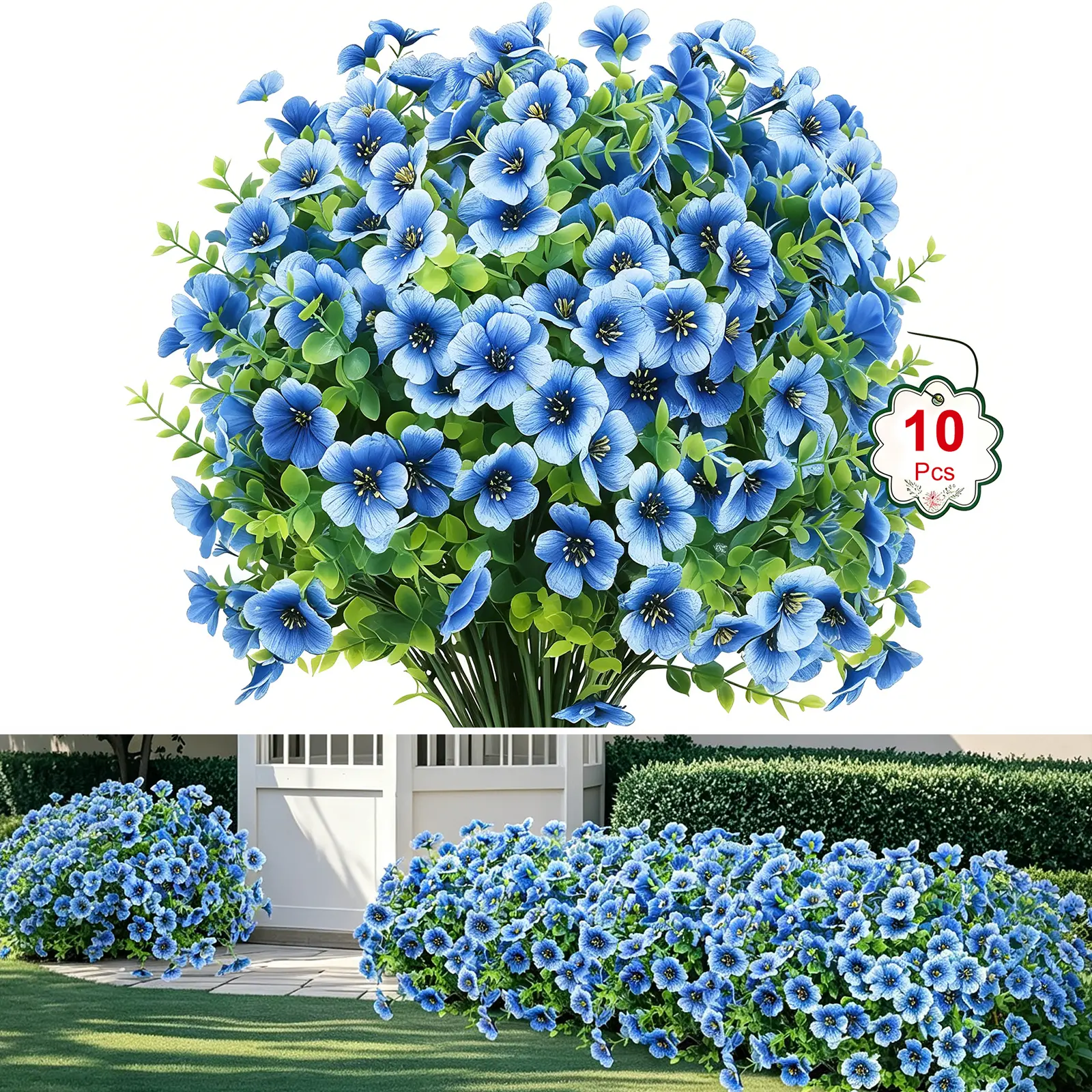10 Bundles UV Resistant Artificial Flowers for Outdoors - Fake Silk Plants No Fading & Easy Care for Garden Porch Window Box Decor (Bule)