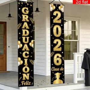Graduation Party Banners Set, Gold Theme, Graduates Silhouette & Bow Design, Polyester Material, Ideal for Hanging Decorations, Party Decoration Supplies