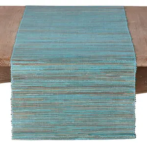 SARO 217.TQ1672B Shimmering Woven Nubby Texture Water Hyacinth Table Runner Turquoise