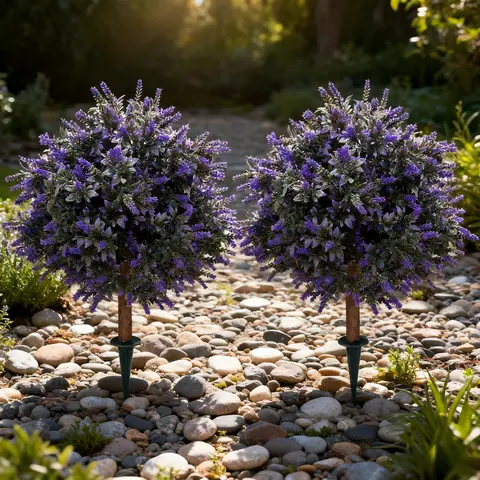 UV-Resistant Decorative Casual Artificial Boxwood-Lavender Potted Balls, 2 Sets of Shrubs with Ground Spikes, Outdoor Greenery for Porch Home Accents
