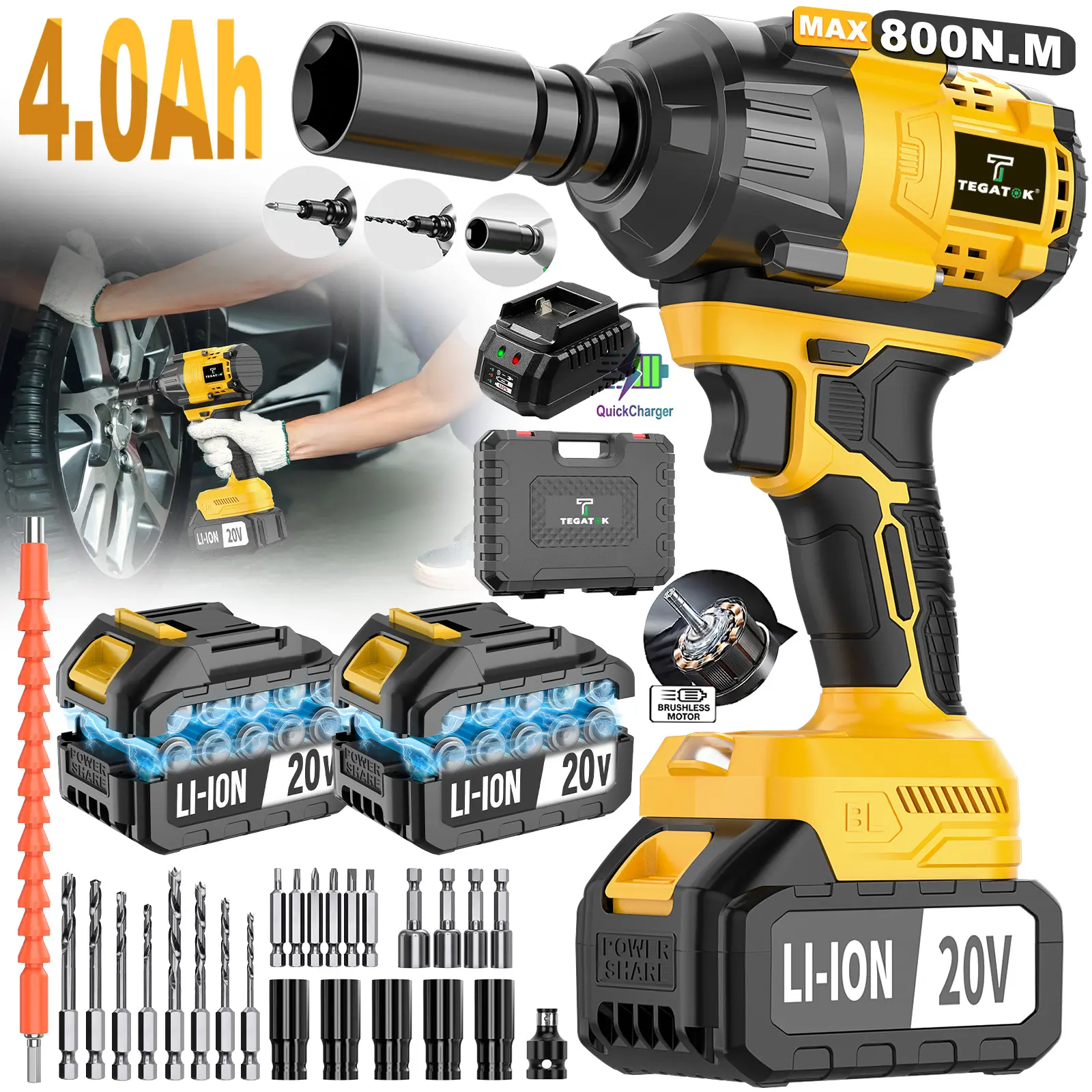 20V 3-in-1 Cordless Power Tool - 1/2 Impact Wrench Drill with 590 FT-LBS(800N.m) High Torque, 4500IPM Impact Gun, 4.0Ah Battery, LED Light, Ideal for Car Repair, Power Tools for Toolbox Addition