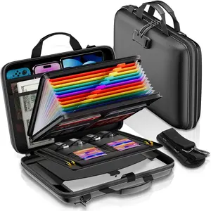 Fireproof Document Organizer with Lock,Hard-Shell Case Fireproof Document Box with  Strap,Portable File Organizer with 13 Pocket Accordion File Folder for Files Laptop Black