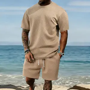 Men’s solid polo shirt and drawstring waist shorts set—cozy, breathable two-piece outfit for everyday outdoor wear; men’s summer clothing., Menswear, Casual