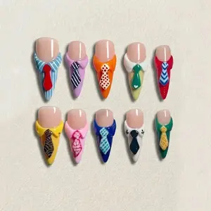 Handmade Pop Art Office Press On Nails | 3D Colorful Shirt & Patterned Tie | Quirky Corporate Core Aesthetic - Novelty