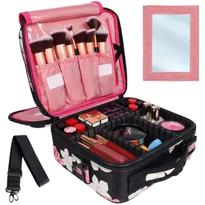 Travel Makeup Bag 2 Layer Portable Train Cosmetic Case Organizer with Mirror Shoulder Strap Adjustable Dividers for Cosmetics Makeup Brushes Toiletry Jewelry Digital Accessories