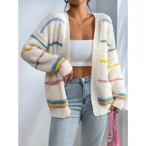 Women's Rainbow Striped Knit Cardigan Sweater, Casual Loose Fit, Fashionable All-Season Outerwear, Versatile Knit Jacket