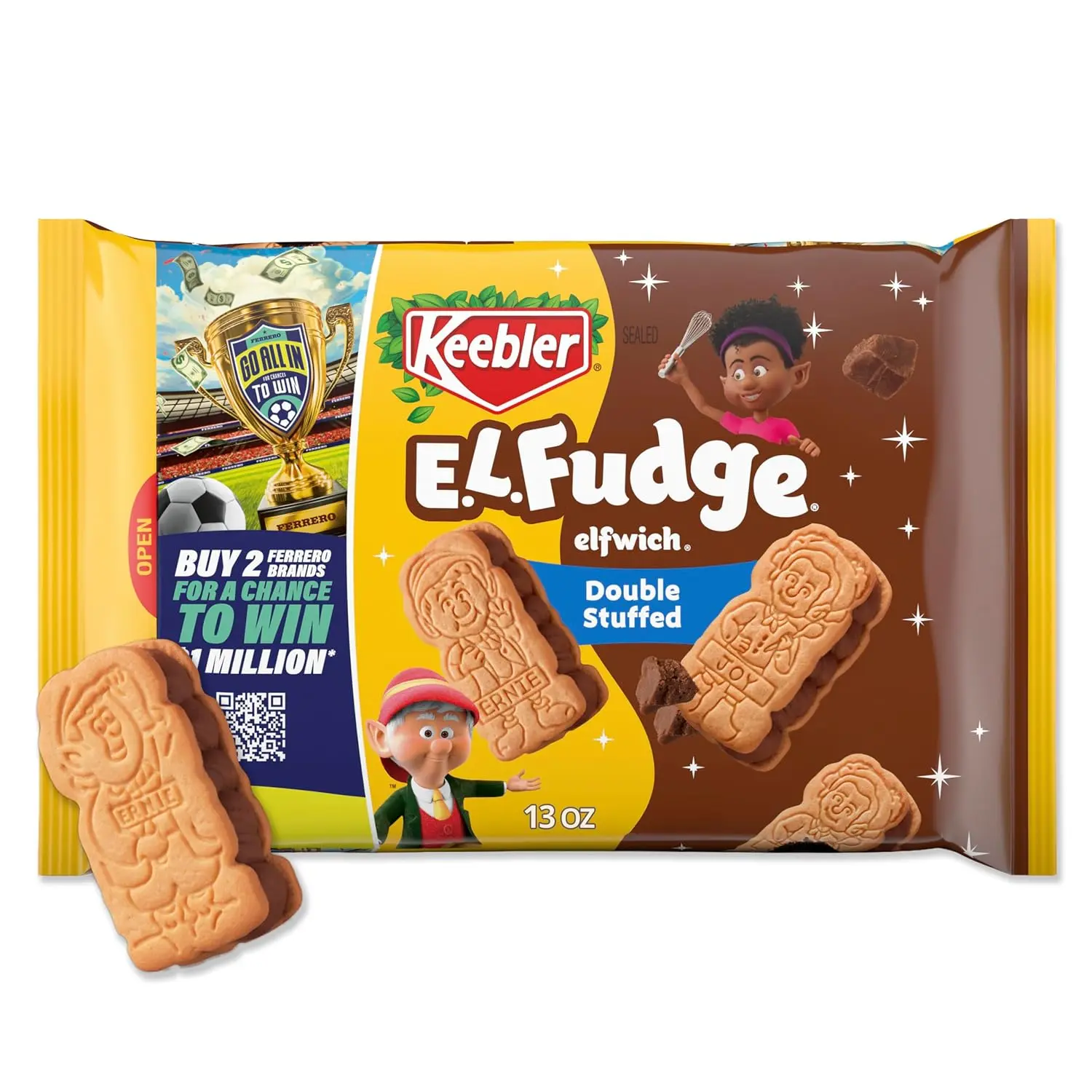 Keebler E.L. Fudge Double Stuffed Elfwich Cookies, Sandwich Cookies Stuffed with Crème Filling, 13 oz