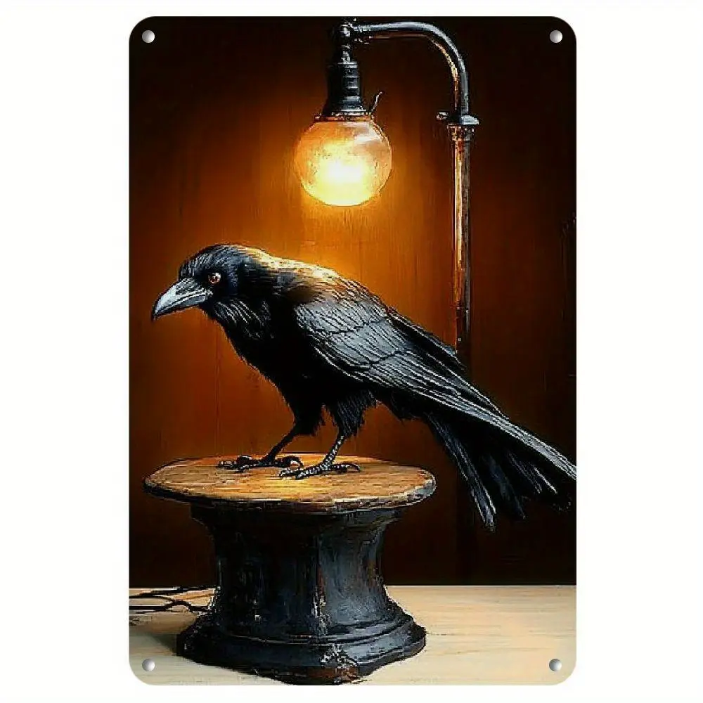 [2D Flat Metal Wall Art] , Iron Construction Print ,Vintage Metal Crow Wall Art with Warm Light, 8x12 Inch - Stylish Tinplate Decor for Home, Office, Bar, and Modern Interiors, Wall Decor