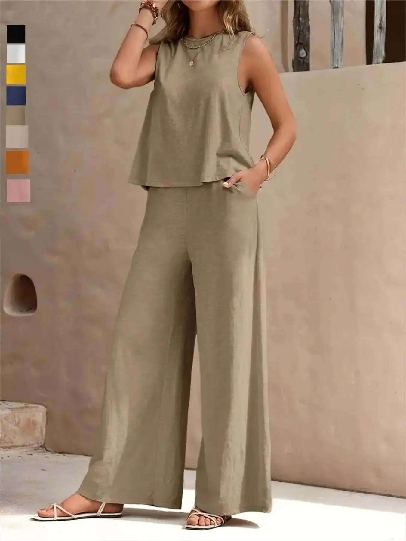 Elegant Two-Piece Set for Casual Daily Wear, Round Neck Sleeveless Tank Top and Wide Leg Pants, Fashionable Loose Solid Color Breathable for Women, Womenswear Clothes