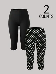Women's High Waist Seven-Quarter Leggings, Polka Dot/pure Color Elastic Slim Fit Yoga Sport Pants, 2-Piece Set