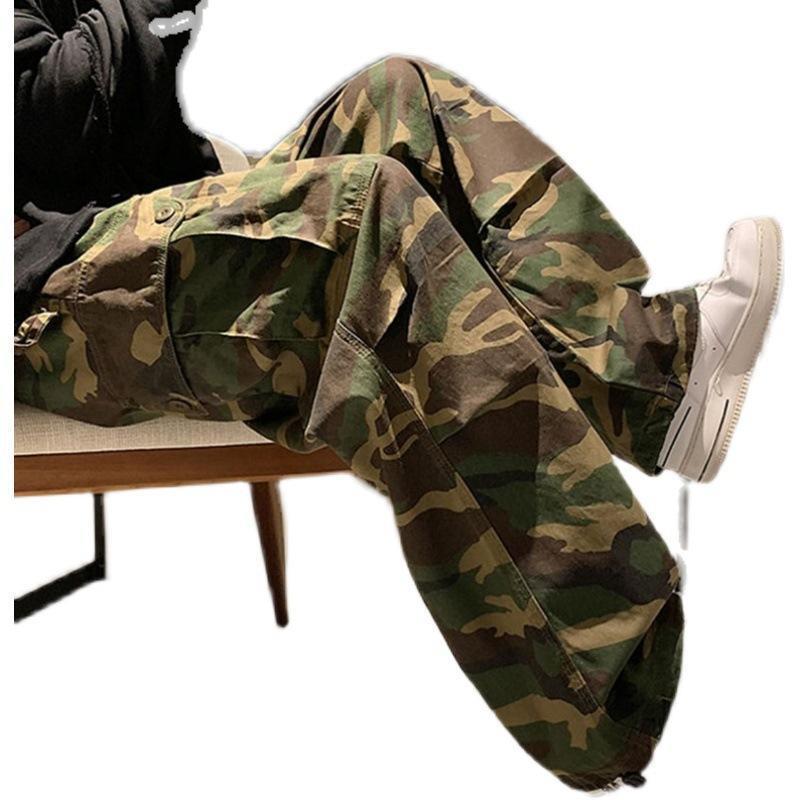 Trendy Retro Camouflage Cargo Pants for Men Loose Straight High Street Hip Hop Ins Hong Kong Style Floor-Length Wide-Leg Pants Wholesale