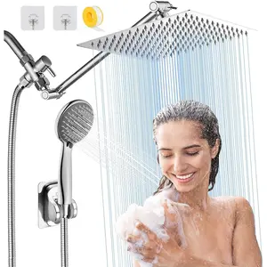 10'' Rain High  Shower  with 5 Settings Handheld Showerhead Combo, Dual Shower  with 11'' Extension Arm and 78'' Long Hose, Chrome Square Shower , Save Water
