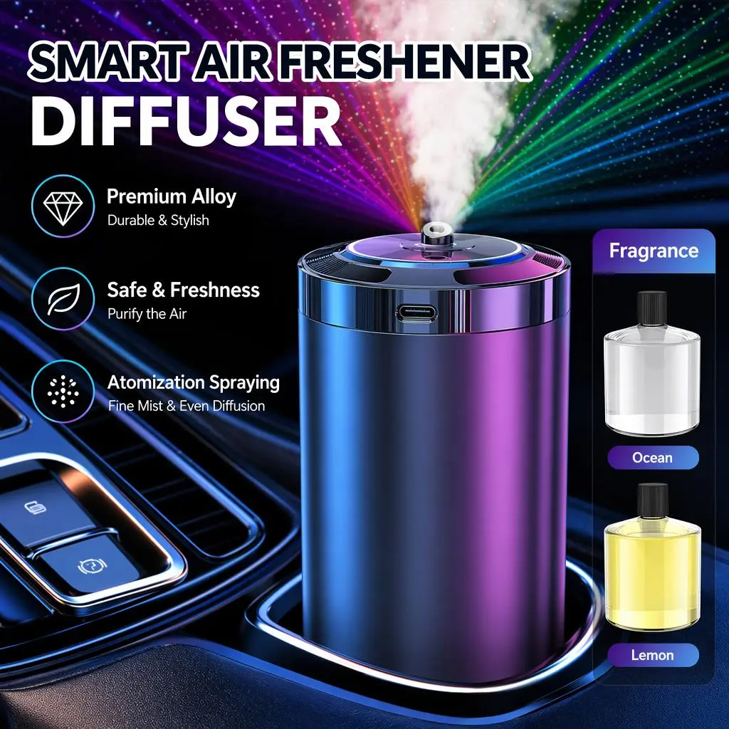 Touch Control Smart Car Air Freshener, Rechargeable Car Mist Diffuser with 5 Adjustable Mist Modes, RGB Star Projection Ambient Light, Long Lasting Cologne & Ocean Fragrance, Ideal Gift for Women, Girlfriend, Mom & Family