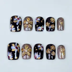 T100 Black short square press on nails/Hand-painted flowers/golden cat's eye hand-carved/detachable and reusable/fashionable and individual fake nails /Handmade Holiday Nail Art for Everyday Wear or Gift