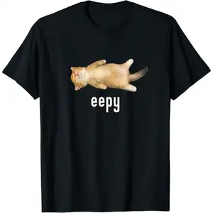 Women's "Eepy Cat" Meme Graphic T-Shirt, Casual Baggy 100% Cotton Shortsleeve Tee with Ribbed Crew Neck, Seamless Top