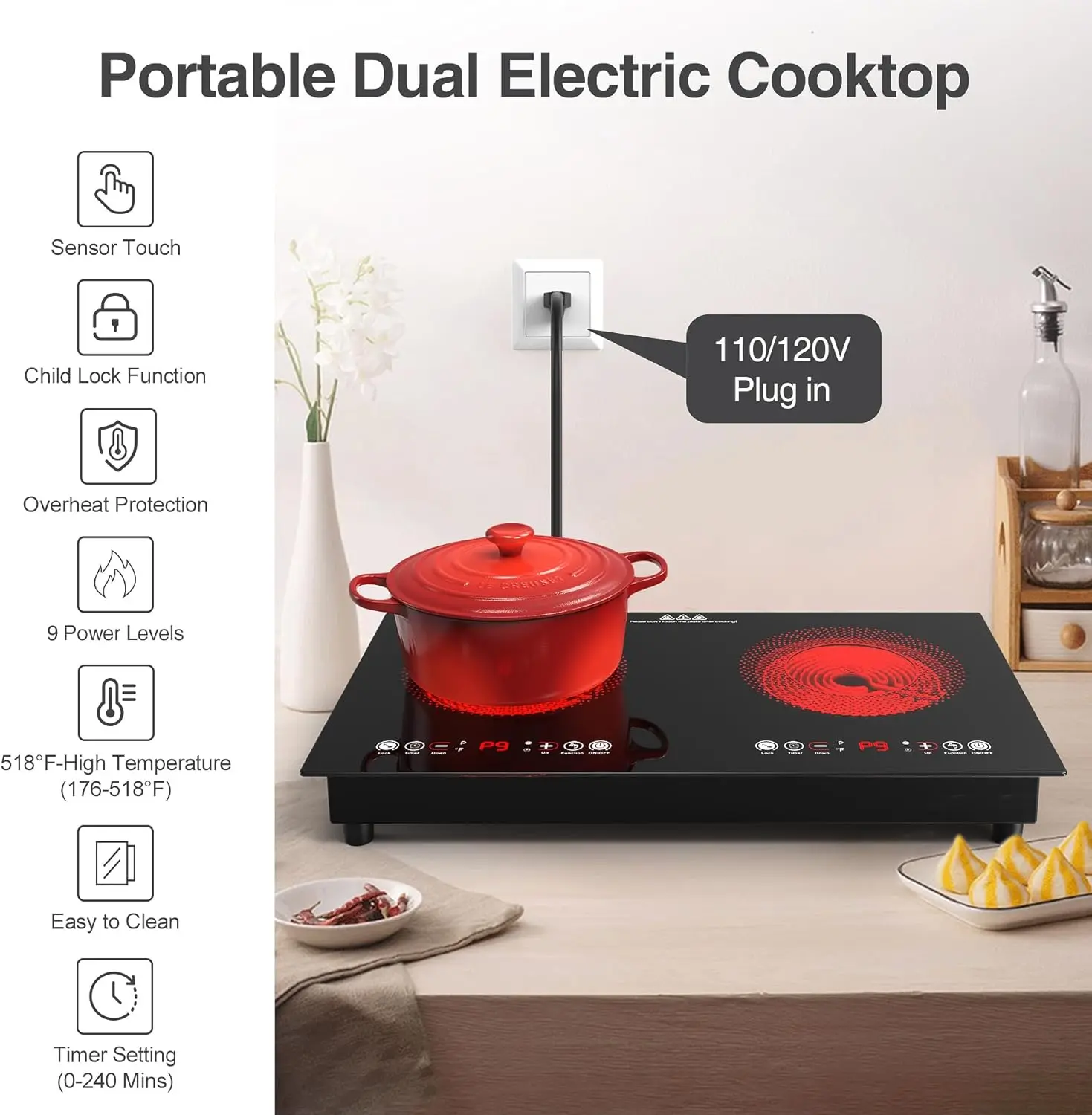 Electric cooktop 110V 24 inch 2 Burner Electric Stove,Built-in and Countertop Stove Top,2200W Stove,9 Power Levels, Kids Lock & Timer,LED touch control,Overheat Protection