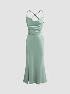 Elegant Women's Satin Long Dress, V Neck Backless Spaghetti Strap Sleeveless Design, Perfect for Weddings & Formal Events, High-End Fashion Style